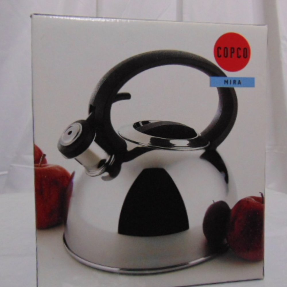 COPY - COPCO STAINLESS STEEL TEAKETTE WITH WHISTLE - 1.5 Qt. SILVER AND BLACK.